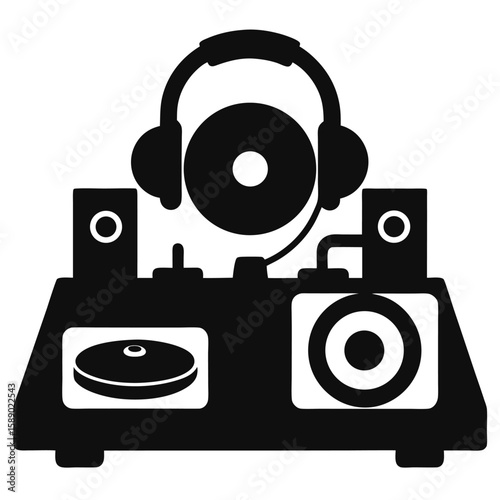 Black silhouette of a dj music mixer with knobs and faders isolated on white background
