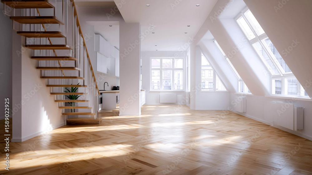 Fototapeta premium Triangular light beams in a contemporary loft space with polished floorboards