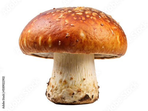 Brown capped mushroom with white stem and speckled texture isolated on a transparent background fungus