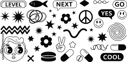 Black and white graphic elements vector design asset pack for retro and vintage style design work vector