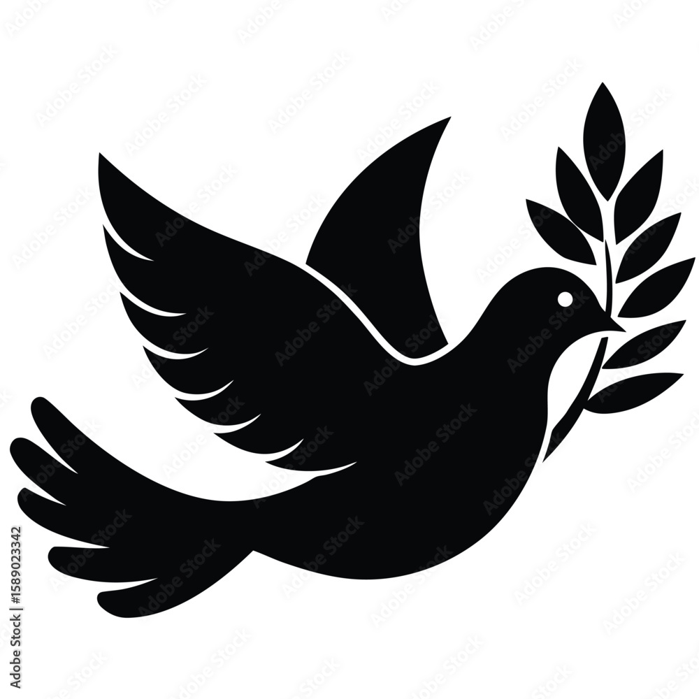 Fototapeta premium Black silhouette of a dove with olive branch in beak flying bird peace