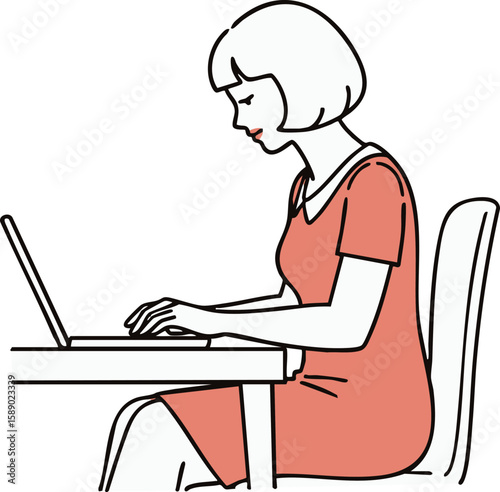 Minimal Flat Design: Woman Working on Laptop / ミニマルフラットデザイン：ラップトップで作業する女性