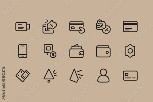 Collection of modern line art icons representing financial transactions payment methods and user interface elements