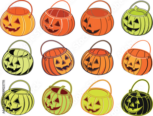 cartoon jack o lantern candy buckets in various colors 