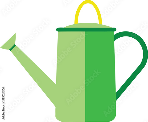 Green watering can illustration with yellow handle isolated on white background