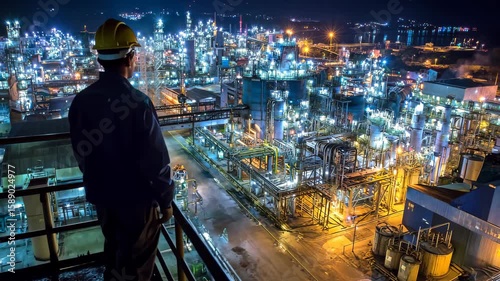 Worker Surveying Oil Refinery at Night