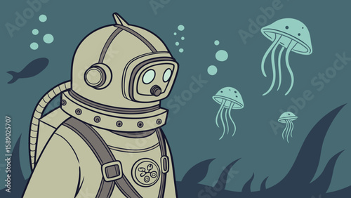 Dieselpunk Deep-Sea Diver with Brass Helmet in Glowing Ocean Scene
