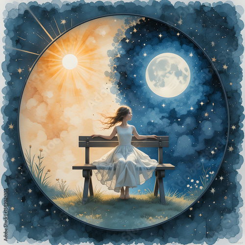 Watercolor Illustration of a Girl in Bench