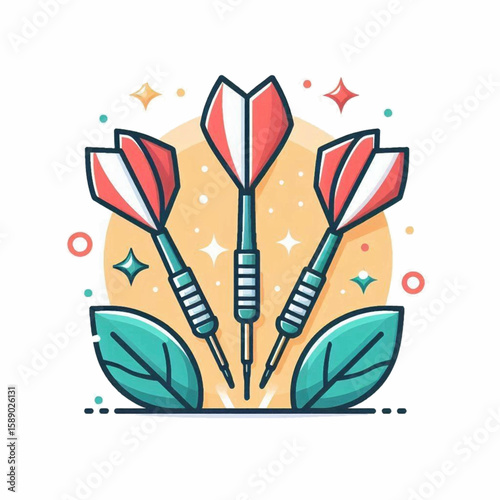Three darts red and white fletchings turquoise handles green leaves set against a peach background surrounded by geometric shapes