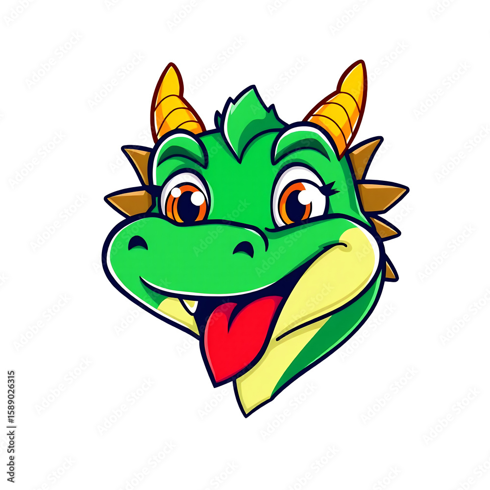 A cheerful green cartoon dragon head with yellow horns and a playful expression. A cheerful green cartoon dragon head with yellow horns and a playful expression.