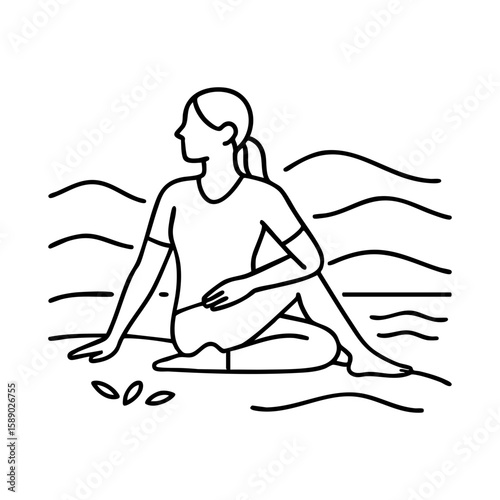Seated spinal twist yoga pose with ocean waves for release and flow