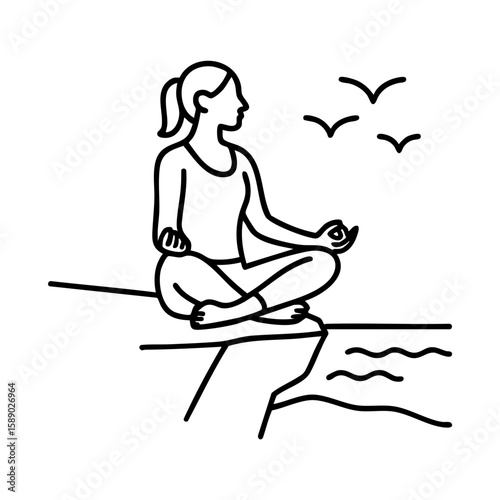 Woman meditating cross-legged on cliff with sea view and birds flying