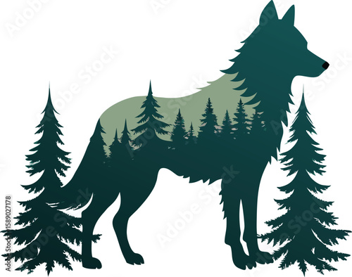 Forest Double Exposure Wolf Silhouette with Tree Scene Inside