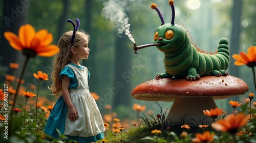 Girl meets magical caterpillar smoking hookah on giant mushroom in enchanted forest. Alice in Wonderland inspired fantasy scene with whimsical creatures and fairy tale atmosphere.