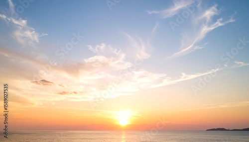 Soft pastel sunset sky with wispy clouds, casting a warm glow over a calm horizon, ultra-crisp