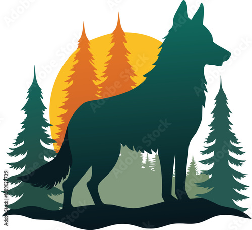 Forest Double Exposure Wolf Silhouette with Tree Scene Inside