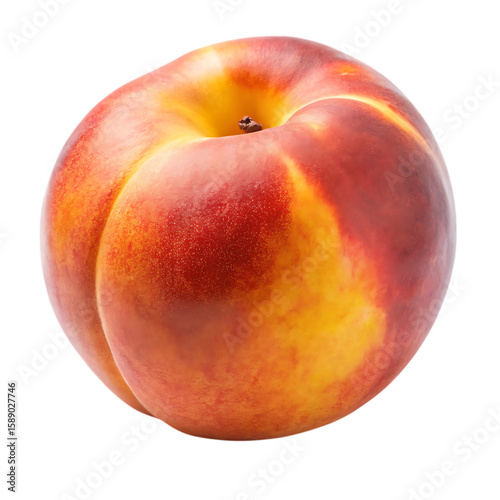Ripe nectarine with vibrant red and yellow skin and a small stem isolated on a transparent background
