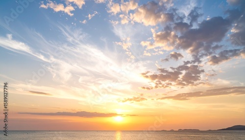 Soft pastel sunset sky with wispy clouds, casting a warm glow over a calm horizon, ultra-crisp