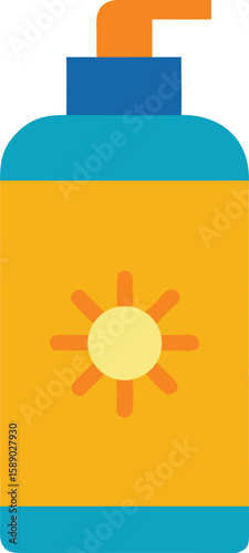 Sunscreen bottle illustration featuring a sun symbol for summer protection and skincare