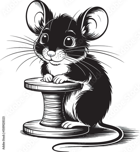 Cute black and white cartoon mouse sitting on a spool of thread