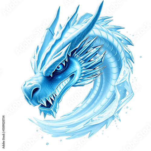 A striking illustration of a blue ice dragon's head with intricate details and a dynamic swirling design.