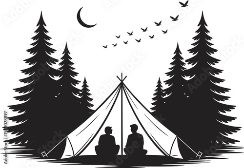 Two people sitting inside a tent at night with pine trees and birds flying