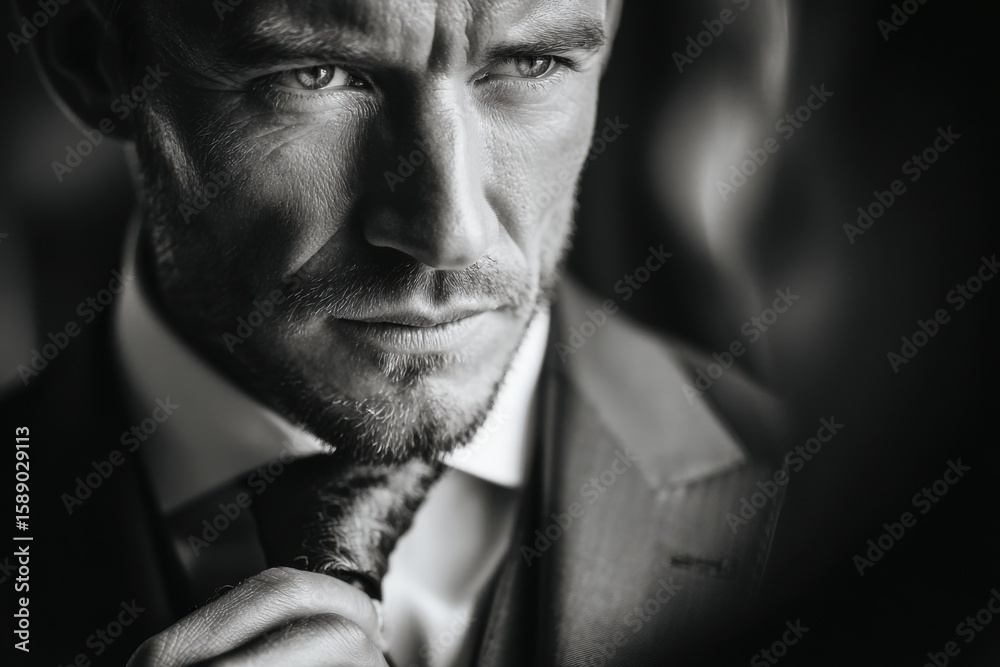 Fototapeta premium A well-dressed man focuses on adjusting his tie in a sophisticated environment, exuding confidence and elegance during a formal event