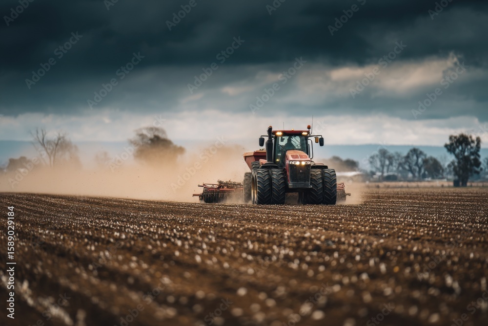 Fototapeta premium A tractor is cultivating a cotton field, stirring up dust under an overcast sky as farmers prepare for the upcoming planting season