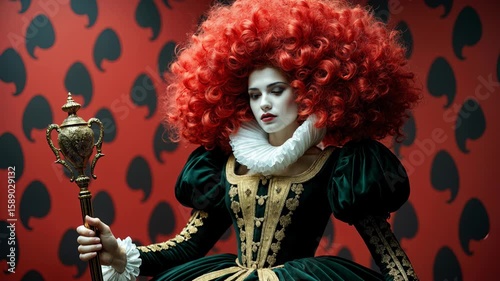 Queen of Hearts from Alice in Wonderland with dramatic red curly hair, white face paint and royal costume holding golden scepter. Classic fairy tale villain character with ornate makeup.