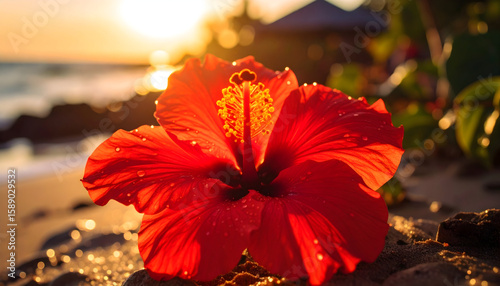 Vibrant Red Hibiscus Flower on Sandy Beach at Sunset