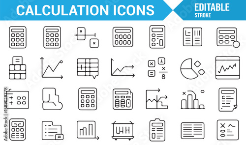 Various line-drawing icons showcasing financial calculations and statistical tools.