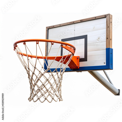 Weathered outdoor basketball hoop with a ball suspended in motion, isolated on a white background PNG.AI GENERATED