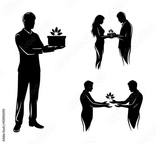 set of silhouettes of people doing charity, isolated background