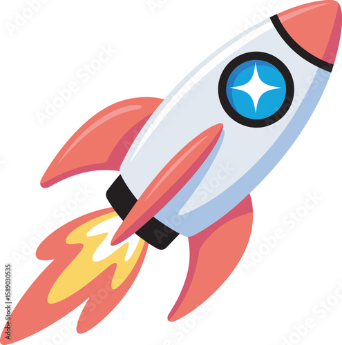 Cartoon rocket blasting off with bright flames and a star emblem