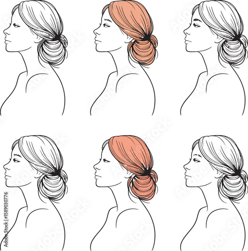 Collection of stylized line art portraits of women with elegant low buns