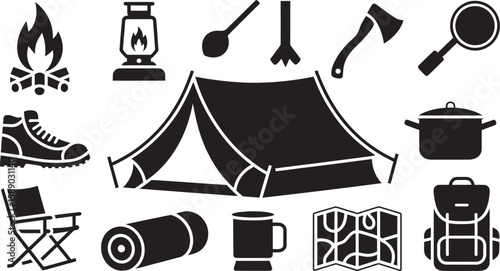 Collection of black camping and outdoor adventure icons on a white background