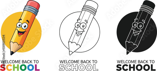 Welcome back to school with smiling pencil cartoon vector illustration for education and learning design vector