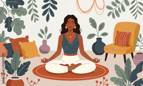  Woman Meditating at Home: Mindfulness, Yoga, and Inner Peace for Mental Wellness in a Cozy Space