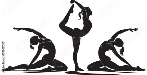 Three silhouettes of women performing graceful yoga poses on a white background