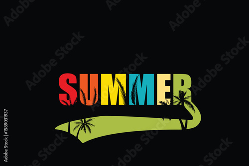 The word summer is creatively designed with palm trees and a tropical landscape, evoking the feeling of a relaxing beach vacation and sunny days