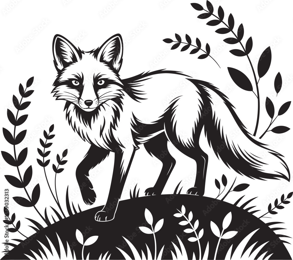 Obraz premium Stylized black and white illustration of a fox walking through foliage