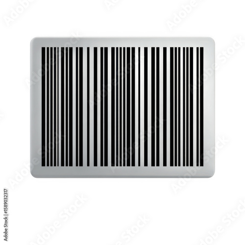 A realistic barcode graphic with black bars and white spaces on a silver metallic background isolated on transparent background