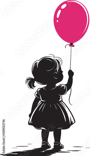 Silhouette of a young girl in a dress holding a bright pink balloon