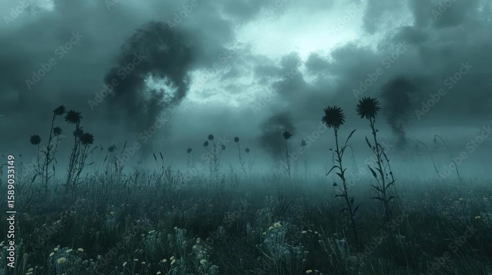 Fototapeta premium Eerie dandelion field shrouded in mist and shadows.