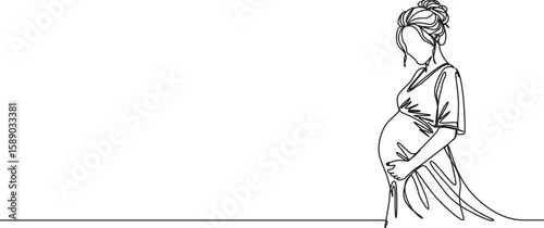 continuous single line drawing of happy pregnant woman holding her belly, line art vector illustration