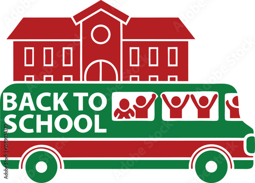 School bus with a school building on top ready for the new academic year