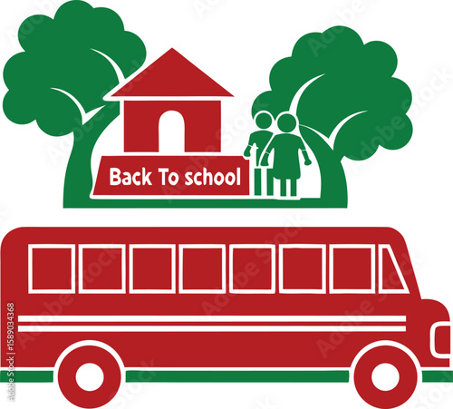 Colorful back to school illustration featuring bus schoolhouse and students