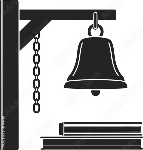 School bell silhouette vector illustration with books depicting education and time