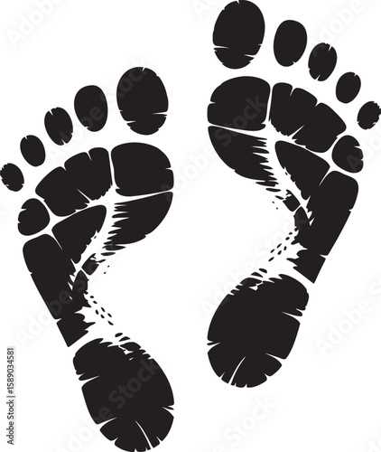 Black footprints with textured edges on a white background