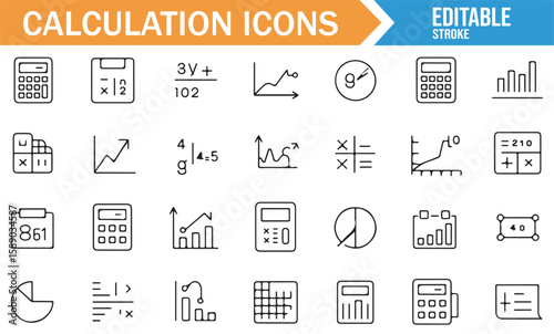 Set of minimalist calculation icons for financial analysis and reports.